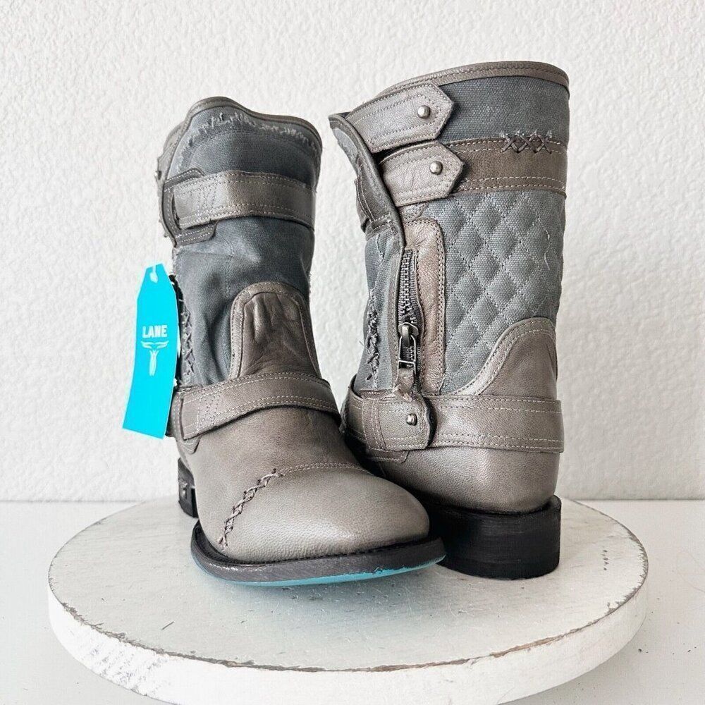 Lane Boots Women’s Gray Leather Canvas Mid-Calf Western Moto Style Zip Size 8.5
